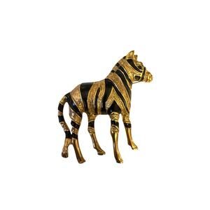 Vintage KREMENTZ Gold Plated Black Enamel Zebra Pin Brooch